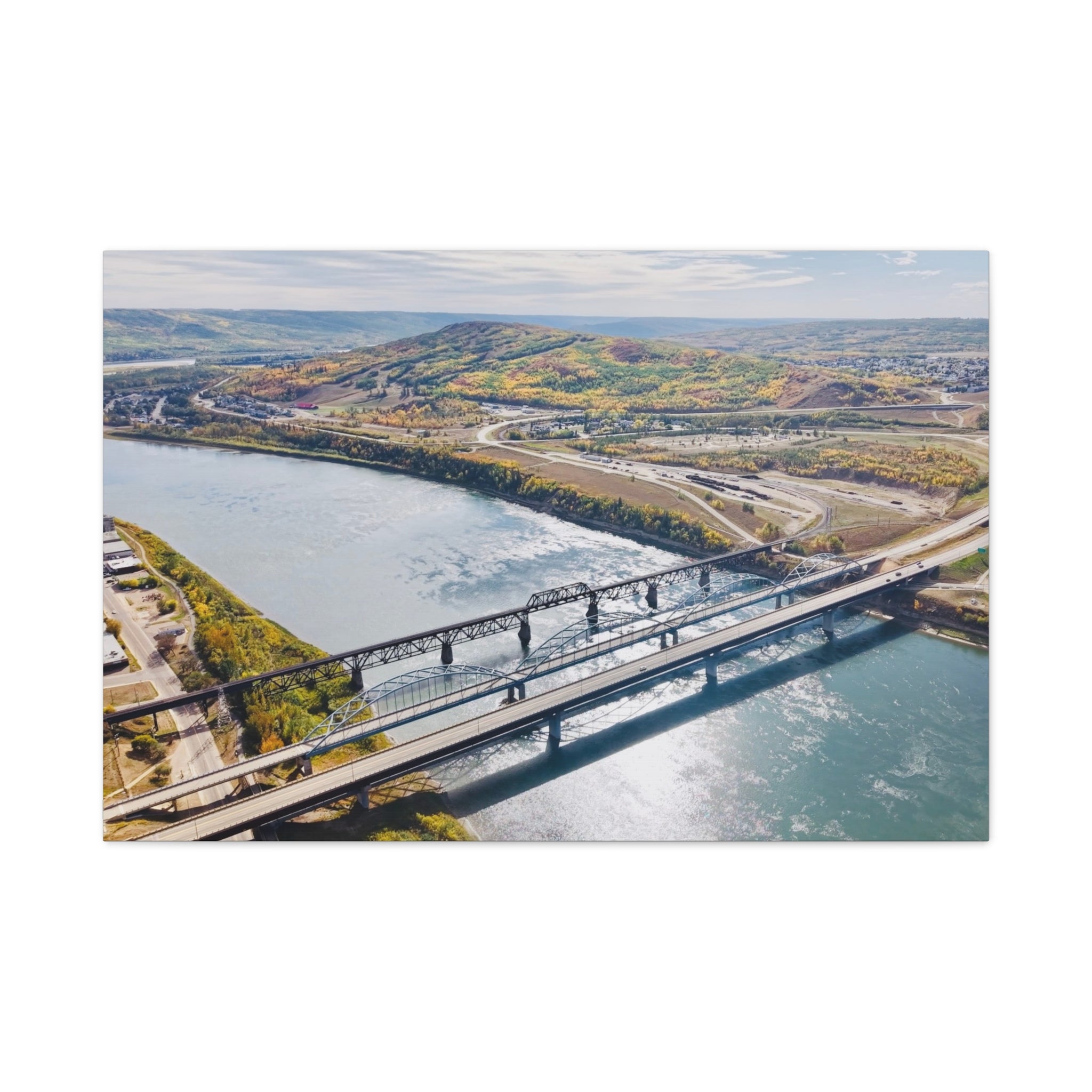 Matte Stretched Canvas - Scenic Peace River River Bridge Aerial Print