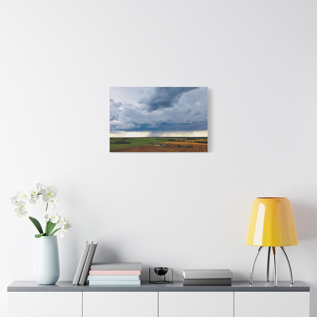 Stormy Prairie Canvas Print — Dramatic Clouds Over Farmland Matte Stretched Wall Art