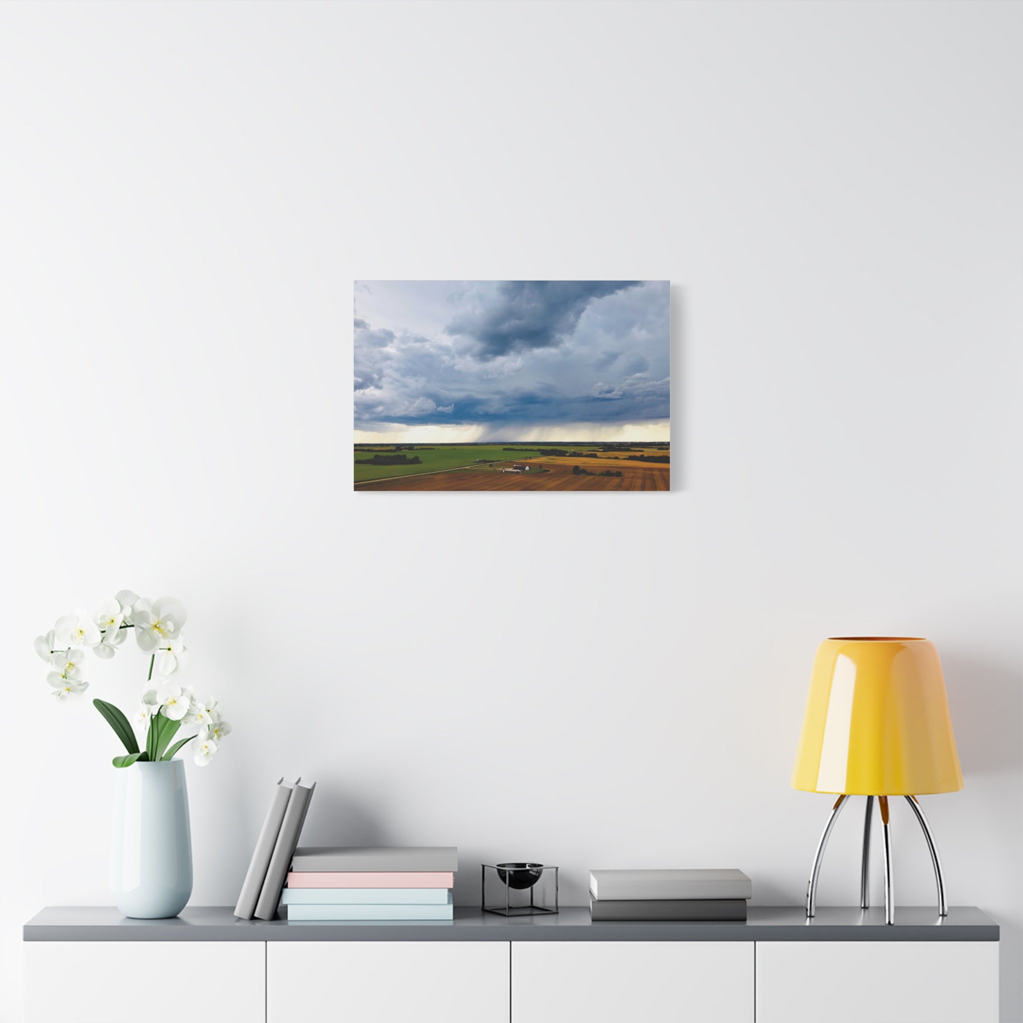 Stormy Prairie Canvas Print — Dramatic Clouds Over Farmland Matte Stretched Wall Art